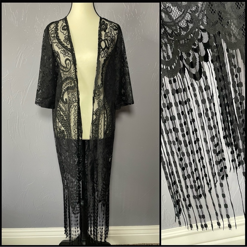 Black Lace With Fringe Kimono Size 6 - Picture 1 of 7